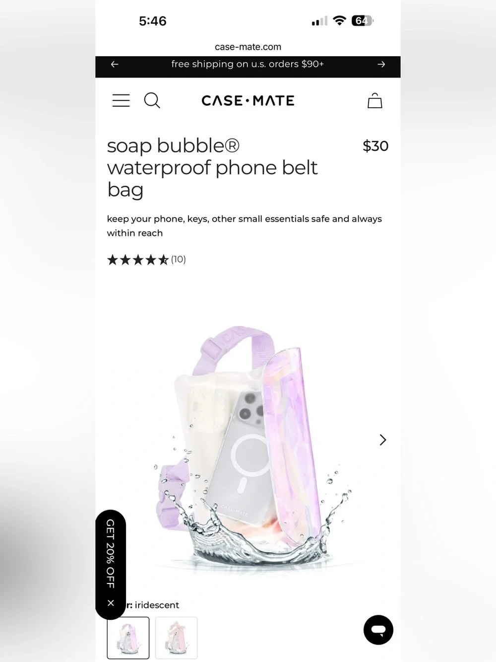 Case-Mate Waterproof Phone Belt Bag in soap bubble iridescent